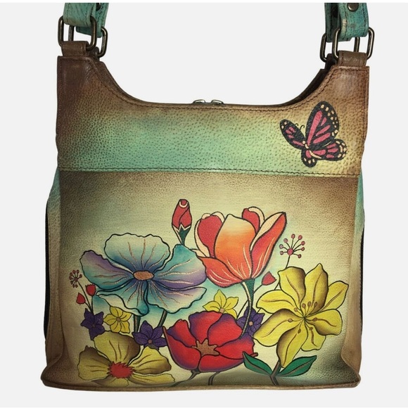 Anuschka Handpaint Leather Satchel Zip Around Shoulder Bag Floral EUC - Picture 2 of 13